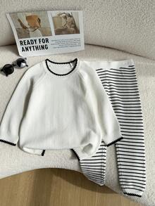SHEIN 2pcs/Set Young Girl' Warm Thick Striped Knitted Sweater And Pants Set - Apricot - View 5