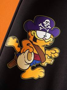 GARFIELD | SHEIN Young Boys' Halloween Cartoon Pattern Knitted Loose Crew Neck Sweatshirt & Sweatpants Set, Autumn/Winter - Black - View 5