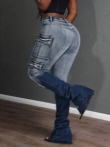 Slaydiva Women's Fashion Casual Skinny Stacked Moto Cargo Jeans - Dark Wash - View 2