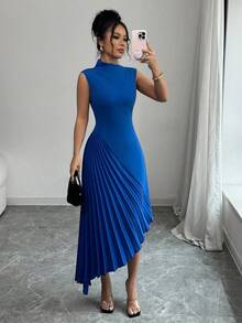 Elenzga 女士优雅时尚通勤休闲度假连衣裙，无袖不对称领腰部合身不对称褶皱下摆拼接纯色