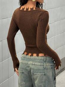 StreetHx New Sexy V-Neck Fringed Asymmetrical Hem Fitted Cardigan Sweater, Coffee Color Fall Winter Cloth For Women - Coffee Brown - View 2