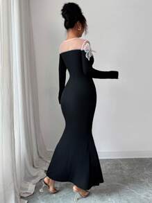 Elenzga 女式拼色圆领蝴蝶结装饰修身长袖连衣裙