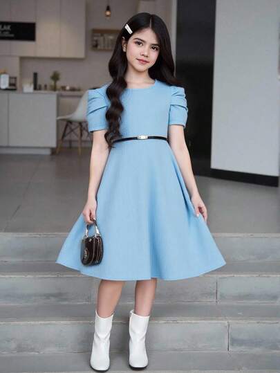 SHEIN Vestido casual de cuello redondo y manga corta, elegante y sencillo, para niña preadolescente