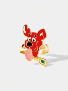 SCOOBY-DOO X SHEIN Anillos con patrón de perro estilo Y2K de bloques de color, adecuados para uso casual - Amarillo Oro - Ver 3