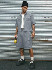 AXEPEAK Bộ 2 áo sơ mi tay ngắn dáng rộng phong cách đường phố thoải mái ve áo và quần short dành cho nam - Màu xanh lam - Xem 4