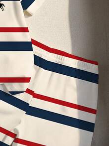 SHEIN Playful Pals 2件套男婴撞色条纹印花圆领T恤和短裤套装 - 彩色 - 查看 5