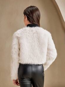 SHEIN Tween Girl Short Plush Elegant White Fuzzy Coat, Autumn & Winter - White - View 2