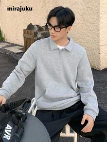 Mirajuku Áo nỉ cổ bẻ phong cách đại học thường ngày dành cho nam thiếu niên, thích hợp mặc đi học, thường ngày, thể thao - màu đen - Xem 4