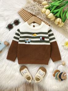 SHEIN 可愛卡通刺繡幼兒男嬰毛衣，棕色條紋秋季針織套頭衫，適合家庭穿搭，柔軟長袖圓領休閒針織衫 - 咖啡棕 - 查看 3