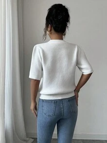 Elenzga Luźny, dzianinowy top z krótkim rękawem i haftowanym wzorem do pracy w domu - Biały - Zobacz 2