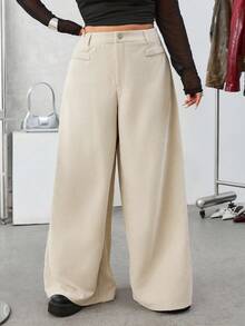 SHEIN EZwear 秋冬大码厚灯芯绒纯色前扣休闲阔腿裤 - 杏色 - 查看 3