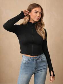 Wildy Stand Collar Elastic Fleece Fitted Tight Yoga Jacket, Women Sun Protection Athletic Coat