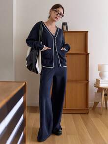 DAZY Conjunto de 2 piezas de punto con top de manga larga con ribete de contraste y pantalones de unicolor, para otoño - Azul Marino - Ver 3