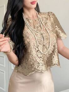 DAZY 1pc Women Lace Short Sleeve Round Neck Single Breasted Elegant Blouse - Mustard Yellow - View 5