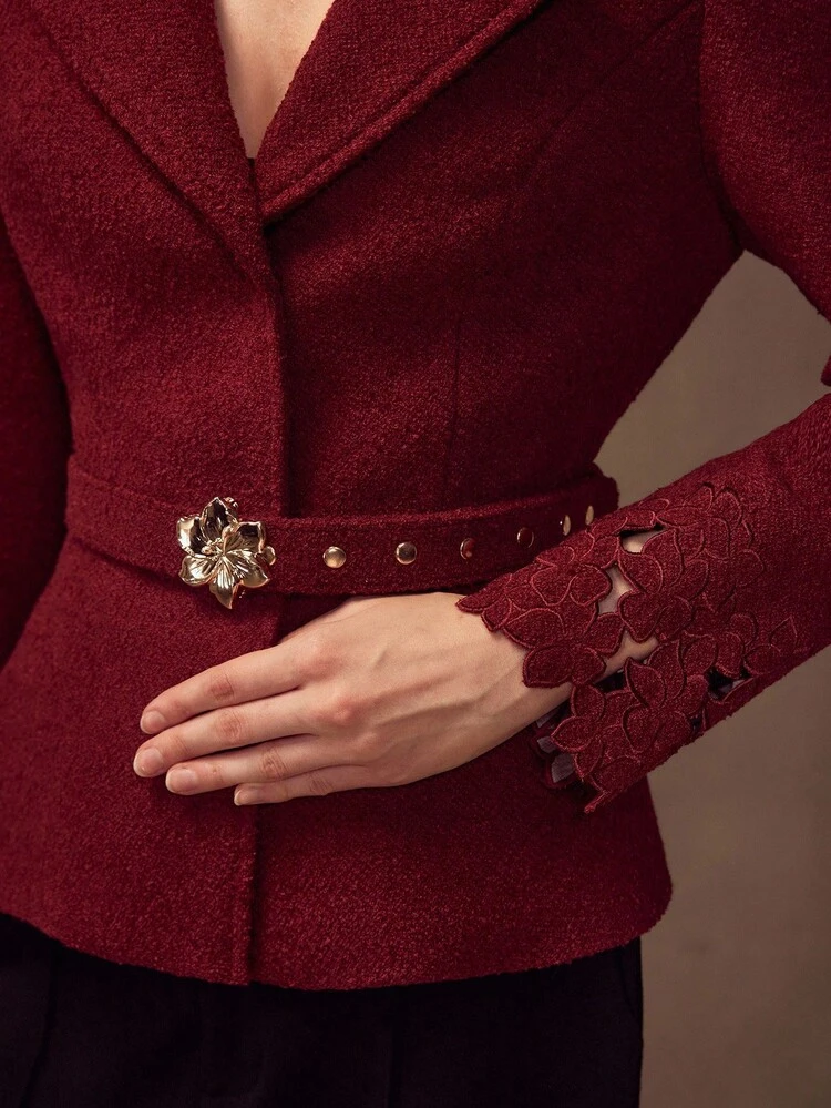 TWEED EMBROIDERY LASER CUT CUFF BELTED BLAZER