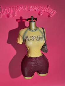 Slaydiva 女式 Y2K 字母印花修身短袖上衣和短裤两件套，夏季 - 彩色 - 查看 1