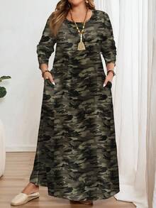 EMERY ROSE 加大码迷彩印花长袖宽松圆领连衣裙，适合秋冬季 - 彩色 - 查看 1