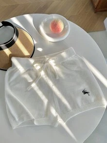 SHEIN EZwear 大码女式休闲抽绳腰马刺绣针织短裤 - 白色 - 查看 4