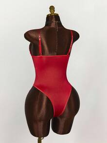 Y2K Amplova 加大码时尚性感透明对比蕾丝紧身衣，万圣节 - 紅色 - 查看 10