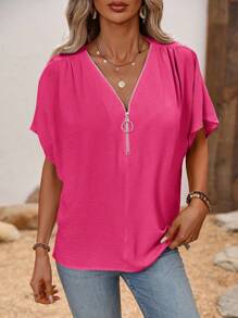 EMERY ROSE Women's Summer Solid Color Zipper Half Placket Batwing Short Sleeve Loose Blouse