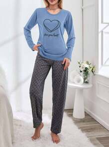 SHEIN Cottnline Bộ đồ ngủ gồm áo phông và quần in hình trái tim và khẩu hiệu 100% Cotton - Màu xanh nhạt - Xem 4