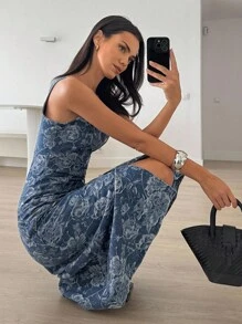 DAZY Women's Elegant Commuter Jacquard Front Button Sleeveless Waist Denim Dress - Blue - View 7