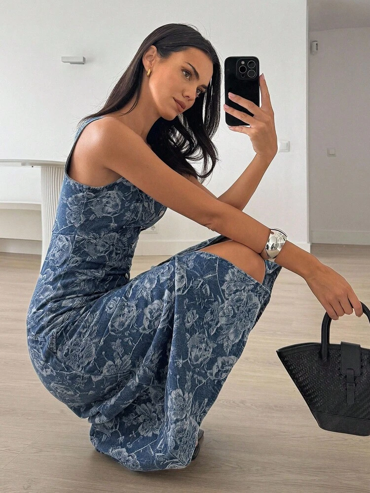 Women's Elegant Commuter Jacquard Front Button Sleeveless Waist Denim Dress Maxi Dress Boho