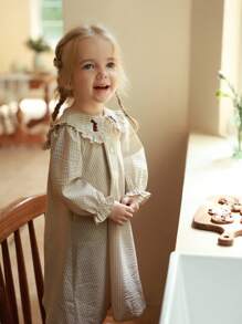 SHEIN Robe à manches longues en mélange de lin rayé pour bébé fille, tissu confortable, convient pour la saison de transition, style campagnard, motif animal brodé, mode et mignon, robe polyvalente pour tous les jours