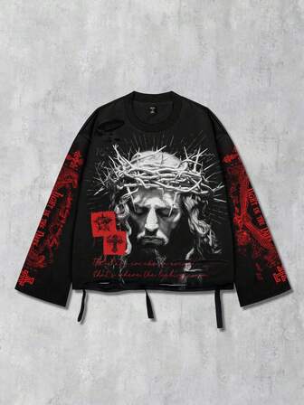 Goth Vintage Street Style Distressed Saint Graphic Long Sleeve Crew Neck Men's T-Shirt, Fall, 2000s Style