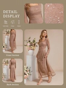 Amorya 女士方领长袖亮片针织修身优雅中长连衣裙，灰色/粉色，适合日常穿着、派对、春夏季 - 粉色 - 查看 3