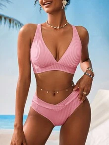 Swim Vcay Women V-Neck Textured Striped Tankini Swimsuit Set - Baby Pink - View 3