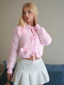 Selianne Women's New Autumn/Winter Round Neck Sweet Casual Bowknot Decor Drawstring Design Fitted Short Cardigan Top Fall For Women, Pink - Pink - View 3