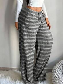 SHEIN SXY Damen bequeme, lässige, minimalistische Hose mit niedriger Taille, Kordelzug und weitem Bein, gestreifte Strickhose mit weitem Bein, Herbst