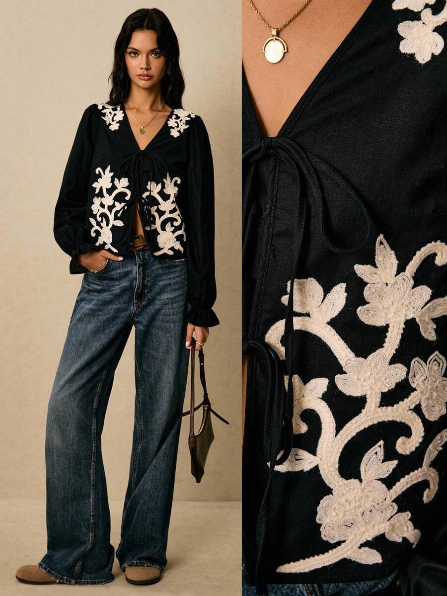 Poéselle 女士复古花卉刺绣系带衬衫，可爱上衣，波西米亚风，适合工作、冬季等各种场合，商务休闲女装，办公室女装，复古富家女装，优雅女装，秋季女装，冬季女装 - 黑與白 - 查看 1