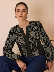 Glamance Ayrana Barboza Ditsy Floral Office Lady Commuter Casual Blouse, Suitable For Spring And Autumn Women Blouses Elegant Blouse Lantern Sleeve Blouse Black And White Blouse - Multicolor - View 4