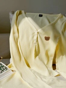 CovetEZ 2pcs Women Autumn Casual Homewear Set, Long Sleeve Top & Shorts, Embroidered Bear Pattern, Sexy & Cute, Basic Leisure Outfit,Fall - Yellow - View 8