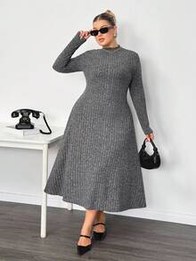 Enliva Lacenleopard Plus Size Solid Color Ribbed Stand Collar Long Sleeve Dress, For Pear Triangle Body Shape Autumn Office Semi Formal Gray Casual - Grey - View 10