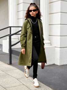 SHEIN Tween Girl Casual Fashion Loose English Ribbon Hooded Cinched Waist Parka Jacket Coat, Military Green Stylish Girl Outerwear, Tween Girl Outfits, Kids Trench Coat, Green Trench Coat For Girls,In Fall/Winter - Army Green - View 1
