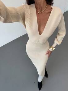 Aloruh Elegant Deep V-Neck Fitted Waist Long Sweater Dress, Casual Commuter Style, Autumn/Winter,Fall - Apricot - View 4