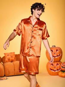 Notgurli Bộ đồ ngủ 2 món bằng vải satin in hình bí ngô Halloween thoải mái thân thiện với làn da vui nhộn dành cho cha mẹ và con cái trong bữa tiệc gia đình - trái cam - Xem 6