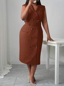 Slaydiva 2025 Neue Frühling/Sommer Damen Große Größen Elegantes Pendler/Date/Büro Figurbetontes Einfarbiges Hellkhaki Gekerbter Kragen Doppelreihiger Gürtel Midi Kleid - B