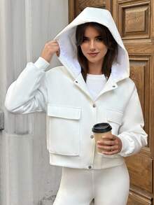 Women's Solid Quilted Inside Button Front Hooded Good Quality Casual Jacket