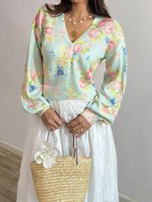 Sunnyshic 复古可爱甜美 V 领提花粉红玫瑰花朵长款泡泡袖开衫毛衣女士度假 - 彩色 - 查看 5