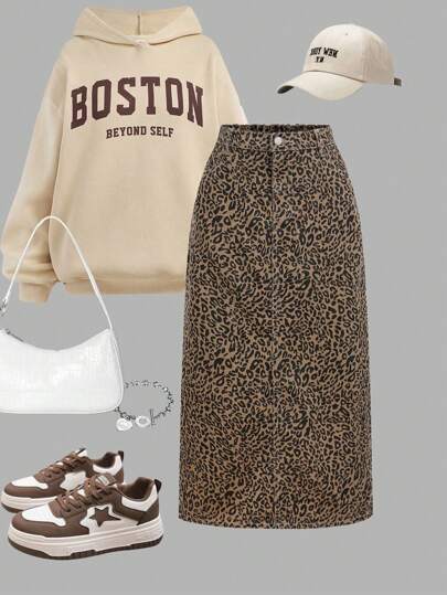 SHEIN Girlism 少女复古90年代豹纹宽松口袋开衩低腰牛仔裙，百搭Y2K风格，返校季，街头风，动物纹印花裙，猎豹纹印花裙