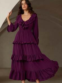 GENKIRA Purple Palace Style Long Dress, V-Neck With Ruffle Collar And 3-Layer Ruffle Hem, Ethereal Outfit For Spring Gala And Manor Evening Party - Purple - View 4