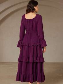 GENKIRA Purple Palace Style Long Dress, V-Neck With Ruffle Collar And 3-Layer Ruffle Hem, Ethereal Outfit For Spring Gala And Manor Evening Party - Purple - View 6
