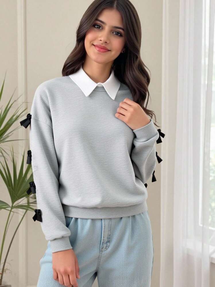 SHEIN Sudadera gris con cuello falso estilo universitario de 2 en 1 con lazo cómoda para adolescentes - Gris - Añade 7