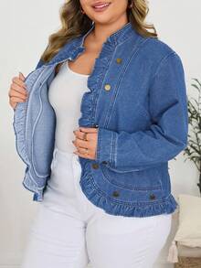 SHEIN 秋冬大码女式纯色水洗牛仔夹克 - 淺色水洗藍 - 查看 7