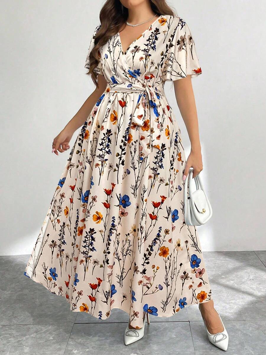 Firerie Vestido de verano con cuello en V, ajuste holgado, estampado aleatorio, abertura y cintura con lazo para mujer de talla grande - Multicolor - Ver 1