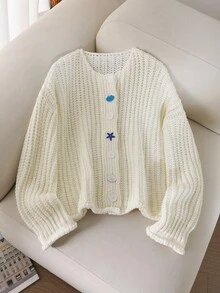 CosyJoli Cardigan tricoté asymétrique avec boutons, mode pour l'extérieur et les déplacements, tailles grandes - Beige - Voir 1